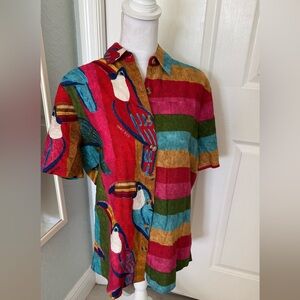 Farm Rio Wonderful Toucans Uni Shirt Blouse Parrot Bird Stripe Print Linen XS